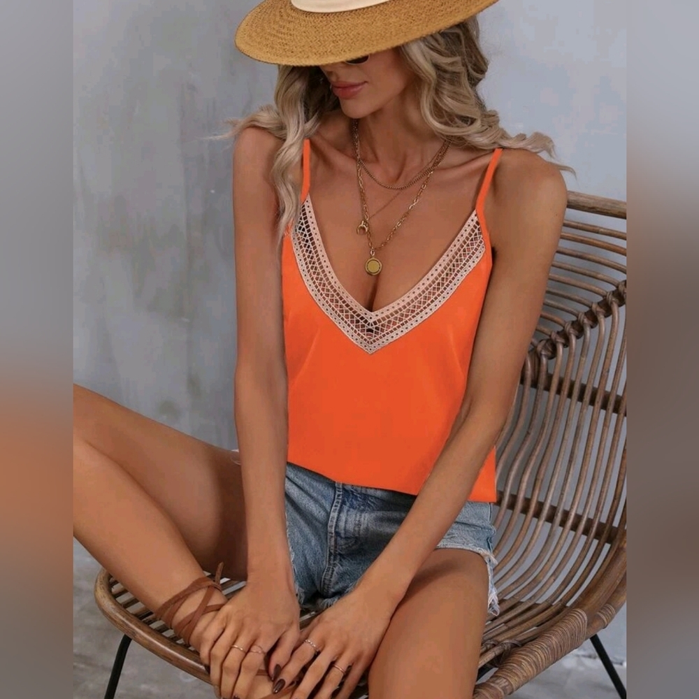 NEW Boho Crochet Lace V Neck Cami Tank Top Blouse Orange Tan - Picture 5 of 8